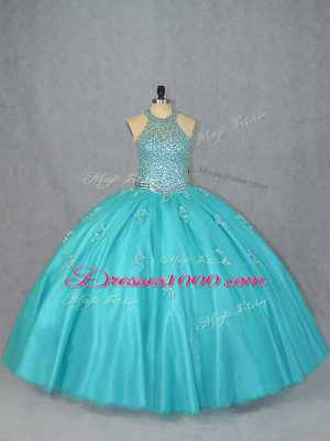 Affordable Aqua Blue Ball Gowns Beading Ball Gown Prom Dress Lace Up Tulle Sleeveless Floor Length