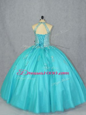 Affordable Aqua Blue Ball Gowns Beading Ball Gown Prom Dress Lace Up Tulle Sleeveless Floor Length