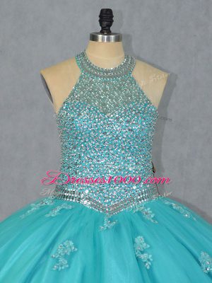 Affordable Aqua Blue Ball Gowns Beading Ball Gown Prom Dress Lace Up Tulle Sleeveless Floor Length