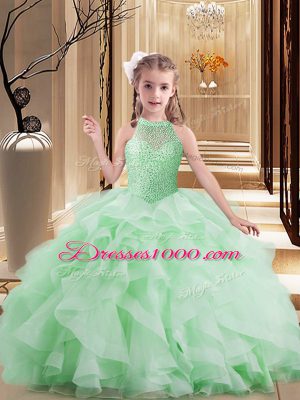 Custom Fit Scoop Sleeveless Tulle Pageant Gowns For Girls Beading and Ruffles Lace Up