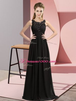 Customized Black Chiffon Zipper Bridesmaid Dress Sleeveless Floor Length Beading and Appliques