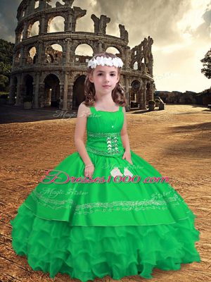 Enchanting Green Pageant Gowns For Girls Wedding Party with Embroidery and Ruffled Layers Straps Sleeveless Zipper