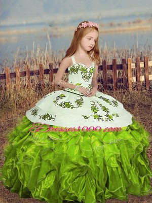 Yellow Green Straps Neckline Embroidery and Ruffles Pageant Dress for Girls Sleeveless Lace Up