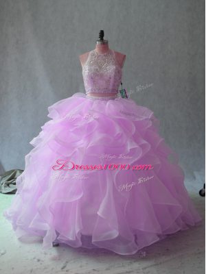 Organza Halter Top Sleeveless Backless Beading and Ruffles Quinceanera Gowns in Lilac