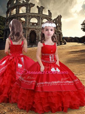 Sleeveless Floor Length Embroidery and Ruffled Layers Zipper Pageant Gowns For Girls with Red