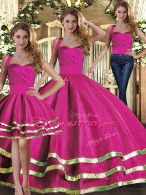 Dynamic Sleeveless Floor Length Ruffled Layers Lace Up Quinceanera Dress with Fuchsia