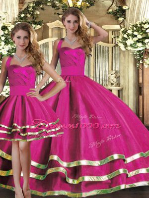 Dynamic Sleeveless Floor Length Ruffled Layers Lace Up Quinceanera Dress with Fuchsia