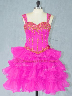 Deluxe Fuchsia Ball Gowns Beading and Ruffled Layers Evening Dress Lace Up Organza Sleeveless Mini Length