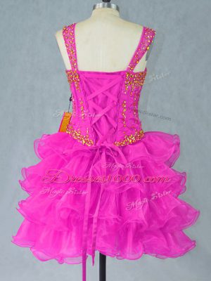 Deluxe Fuchsia Ball Gowns Beading and Ruffled Layers Evening Dress Lace Up Organza Sleeveless Mini Length