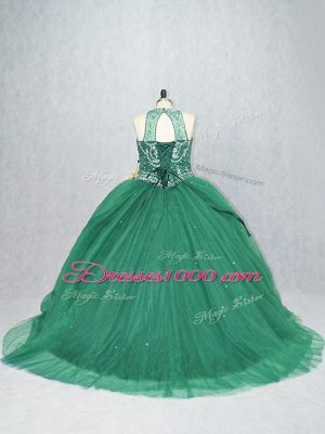 Designer Scoop Sleeveless Brush Train Lace Up Quinceanera Dresses Green Tulle