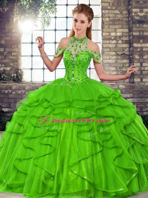 Green Tulle Lace Up Quinceanera Gown Sleeveless Floor Length Beading and Ruffles