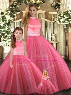 Coral Red Quinceanera Dress Sweet 16 and Quinceanera with Beading Halter Top Sleeveless Backless