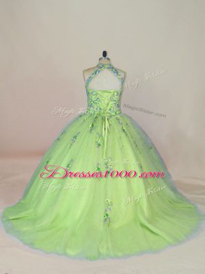 Trendy Yellow Green Sleeveless Tulle Brush Train Lace Up Sweet 16 Quinceanera Dress for Sweet 16 and Quinceanera