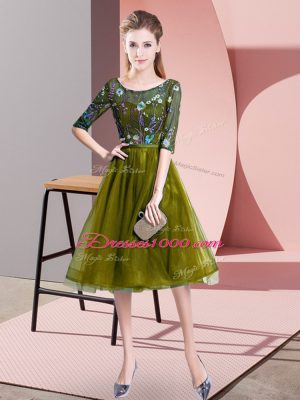 Comfortable Olive Green Half Sleeves Knee Length Embroidery Lace Up Dama Dress for Quinceanera