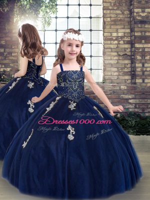 Gorgeous Navy Blue Sleeveless Floor Length Beading and Appliques Lace Up Juniors Party Dress