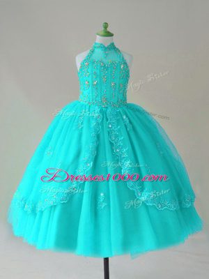 Aqua Blue Lace Up Little Girl Pageant Gowns Beading and Appliques Sleeveless Floor Length