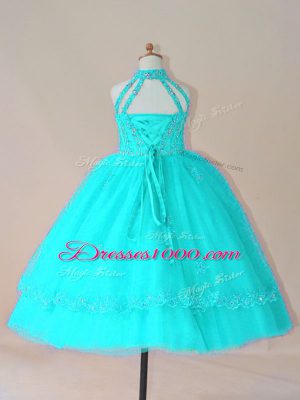 Aqua Blue Lace Up Little Girl Pageant Gowns Beading and Appliques Sleeveless Floor Length