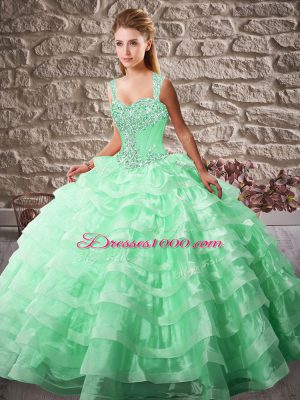 Colorful Apple Green Organza Lace Up Sweet 16 Dress Sleeveless Court Train Beading and Ruffled Layers