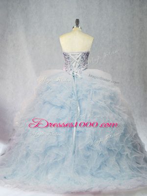 Sweetheart Sleeveless Sweet 16 Quinceanera Dress Brush Train Beading and Ruffles Light Blue Tulle