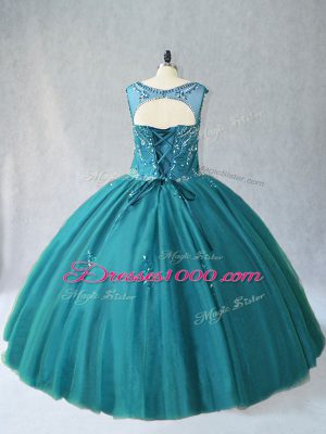 Perfect Ball Gowns Sweet 16 Quinceanera Dress Teal Scoop Tulle Sleeveless Floor Length Lace Up