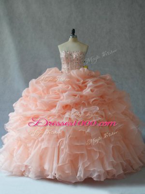 Sexy Ball Gowns Sweet 16 Quinceanera Dress Peach Strapless Organza Sleeveless Floor Length Lace Up