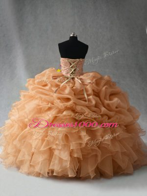 Discount Gold Ball Gowns Organza Sweetheart Sleeveless Beading and Ruffles and Pick Ups Floor Length Lace Up Ball Gown Prom Dress