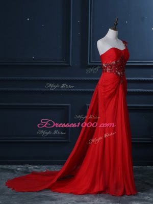 One Shoulder Sleeveless Watteau Train Zipper Prom Dresses Red Chiffon