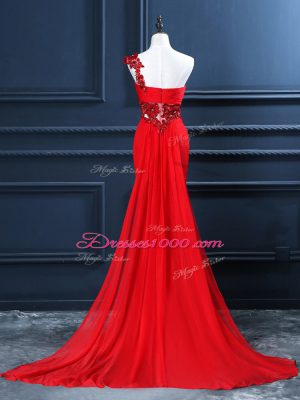 One Shoulder Sleeveless Watteau Train Zipper Prom Dresses Red Chiffon