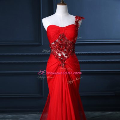 One Shoulder Sleeveless Watteau Train Zipper Prom Dresses Red Chiffon