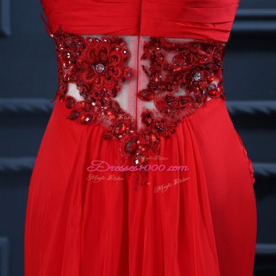 One Shoulder Sleeveless Watteau Train Zipper Prom Dresses Red Chiffon