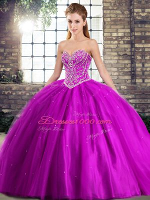 Discount Sweetheart Sleeveless Brush Train Lace Up Quince Ball Gowns Purple Tulle