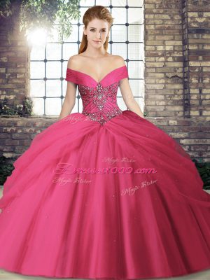 Hot Pink Tulle Lace Up Quince Ball Gowns Sleeveless Brush Train Beading and Pick Ups