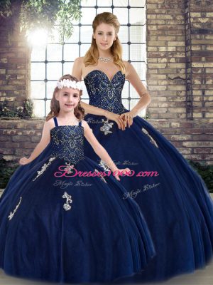 Navy Blue Sweetheart Lace Up Beading and Appliques Quinceanera Gowns Sleeveless