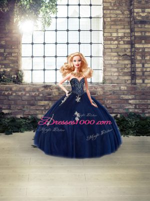 Navy Blue Sweetheart Lace Up Beading and Appliques Quinceanera Gowns Sleeveless