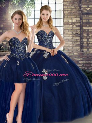 Navy Blue Three Pieces Sweetheart Sleeveless Tulle Floor Length Lace Up Beading and Appliques Sweet 16 Dresses