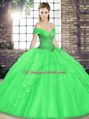 Green Lace Up Off The Shoulder Beading and Ruffles Quinceanera Dresses Tulle Sleeveless