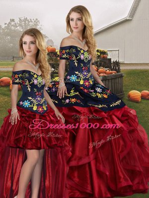 Embroidery and Ruffles Quinceanera Gowns Red And Black Lace Up Sleeveless Floor Length