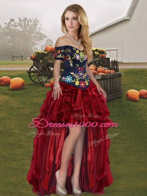 Embroidery and Ruffles Quinceanera Gowns Red And Black Lace Up Sleeveless Floor Length
