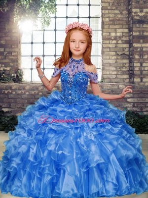 Excellent Blue Ball Gowns High-neck Sleeveless Organza Floor Length Lace Up Beading and Ruffles Little Girls Pageant Dress Wholesale