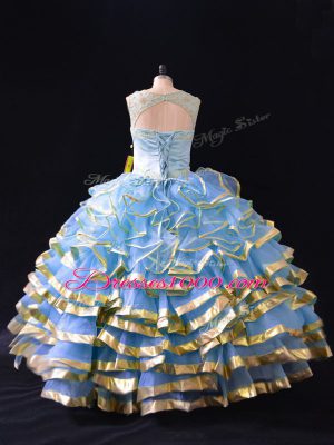 Blue Organza Lace Up Scoop Sleeveless Floor Length 15 Quinceanera Dress Ruffled Layers