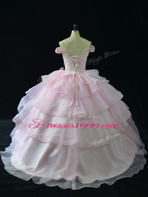 Top Selling Pink Off The Shoulder Neckline Beading and Ruffled Layers Sweet 16 Dress Sleeveless Lace Up