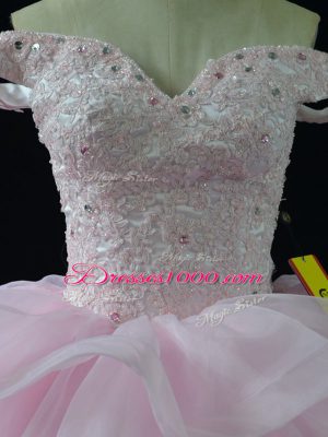 Top Selling Pink Off The Shoulder Neckline Beading and Ruffled Layers Sweet 16 Dress Sleeveless Lace Up