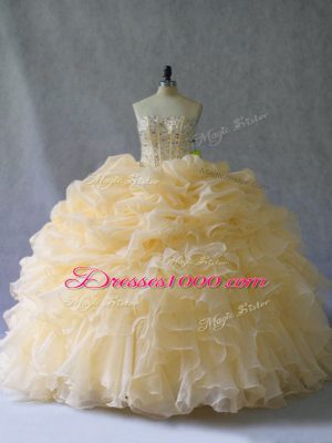 Suitable Sleeveless Organza Floor Length Lace Up 15 Quinceanera Dress in Gold with Beading and Ruffles and Pick Ups