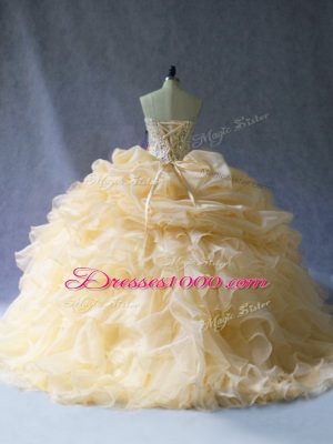 Suitable Sleeveless Organza Floor Length Lace Up 15 Quinceanera Dress in Gold with Beading and Ruffles and Pick Ups