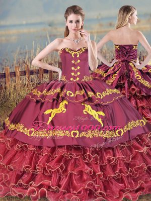 Top Selling Burgundy Lace Up Sweetheart Embroidery Sweet 16 Dress Organza Sleeveless Brush Train