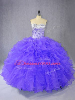 Purple Ball Gowns Sweetheart Sleeveless Organza Floor Length Lace Up Ruffles Sweet 16 Quinceanera Dress