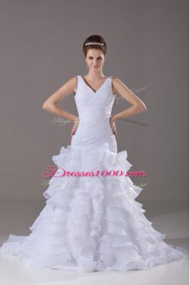 White Mermaid Ruffled Layers Wedding Dresses Lace Up Organza Sleeveless