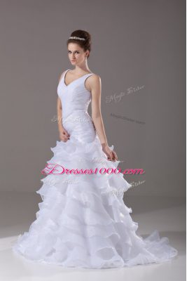 White Mermaid Ruffled Layers Wedding Dresses Lace Up Organza Sleeveless