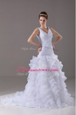 White Mermaid Ruffled Layers Wedding Dresses Lace Up Organza Sleeveless