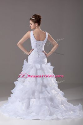 White Mermaid Ruffled Layers Wedding Dresses Lace Up Organza Sleeveless